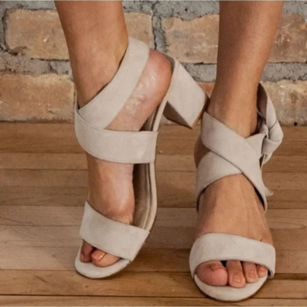 PENNY LOVES KENNY BROWFAUX LEATHER ANKLE STRAP OPEN TOE BLOCK HEEL